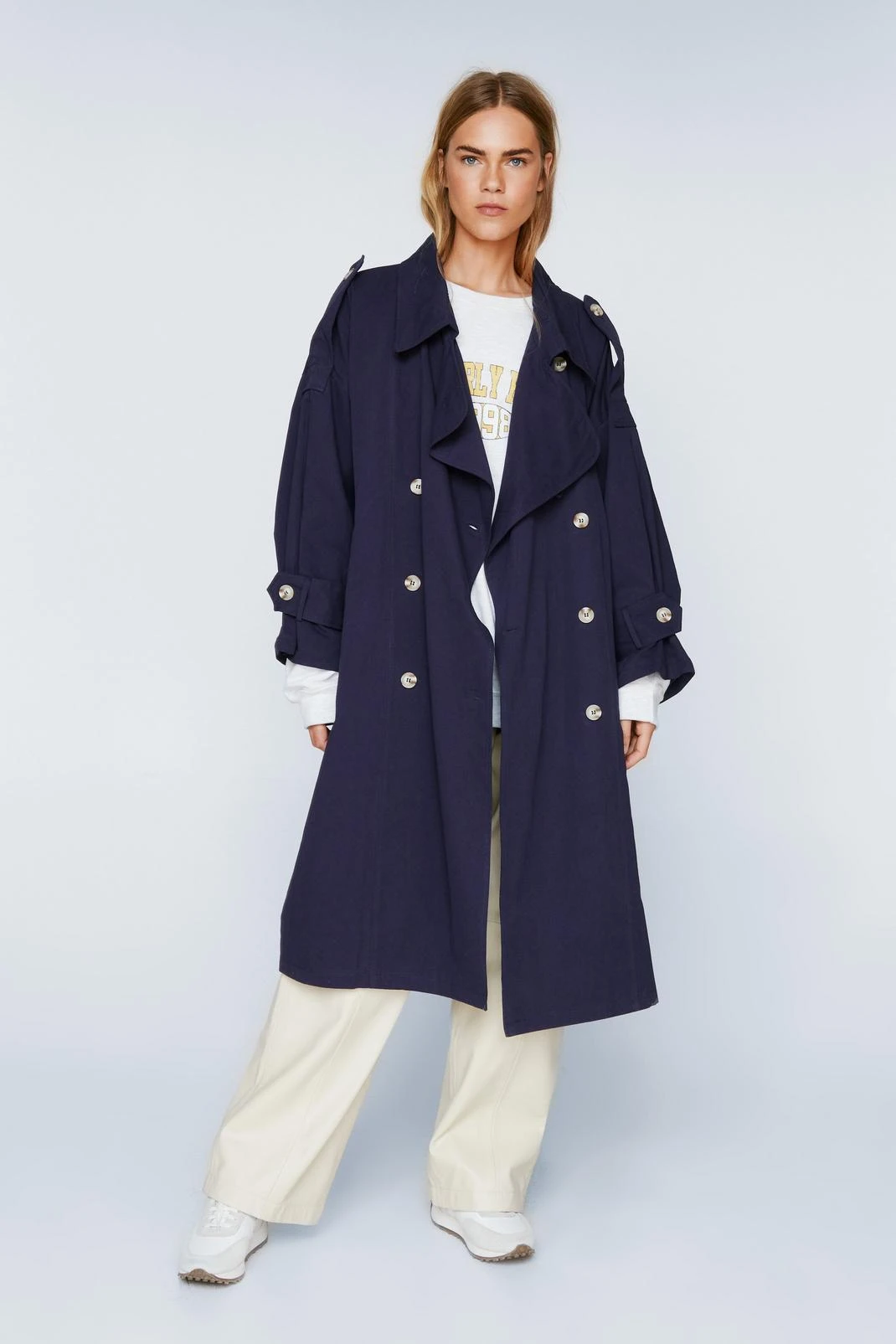 Belted Oversized Double Breasted Trench Coat - Image 4