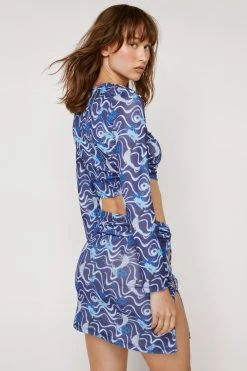 Wave Print Mesh O Ring Detail Crop Top 8 Wave Print Mesh O Ring Detail Crop Top -Nasty Gal Sales Store womens navy wave print mesh o ring detail crop top 2