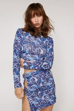 Wave Print Mesh O Ring Detail Crop Top 9 Wave Print Mesh O Ring Detail Crop Top -Nasty Gal Sales Store womens navy wave print mesh o ring detail crop top 3