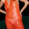 Neon Disc Chainmail Sequin Halter Mini Dress