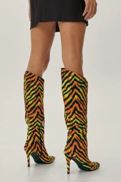 Animal Print Slanted Knee High Boots
