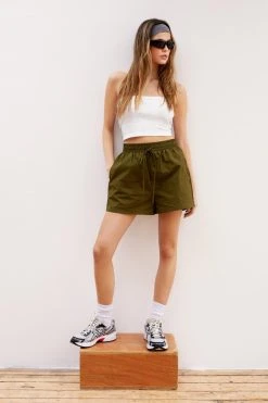 High Waisted Nylon Drawstring Waist Shorts -Nasty Gal Sales Store womens olive high waisted nylon drawstring waist shorts 6