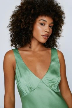 Satin V-Neck Ruched Mini Dress -Nasty Gal Sales Store womens olive satin v neck ruched mini dress 4