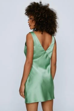 Satin V-Neck Ruched Mini Dress -Nasty Gal Sales Store womens olive satin v neck ruched mini dress 5