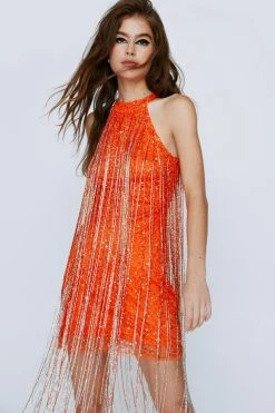 Beaded Fringe Mini Halter Dress -Nasty Gal Sales Store womens orange beaded fringe mini halter dress