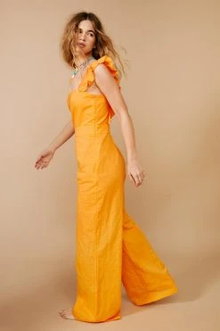 Dobby Texture Ruffle Wide Leg Jumpsuit -Nasty Gal Sales Store womens orange dobby texture ruffle wide leg jumpsuit 1