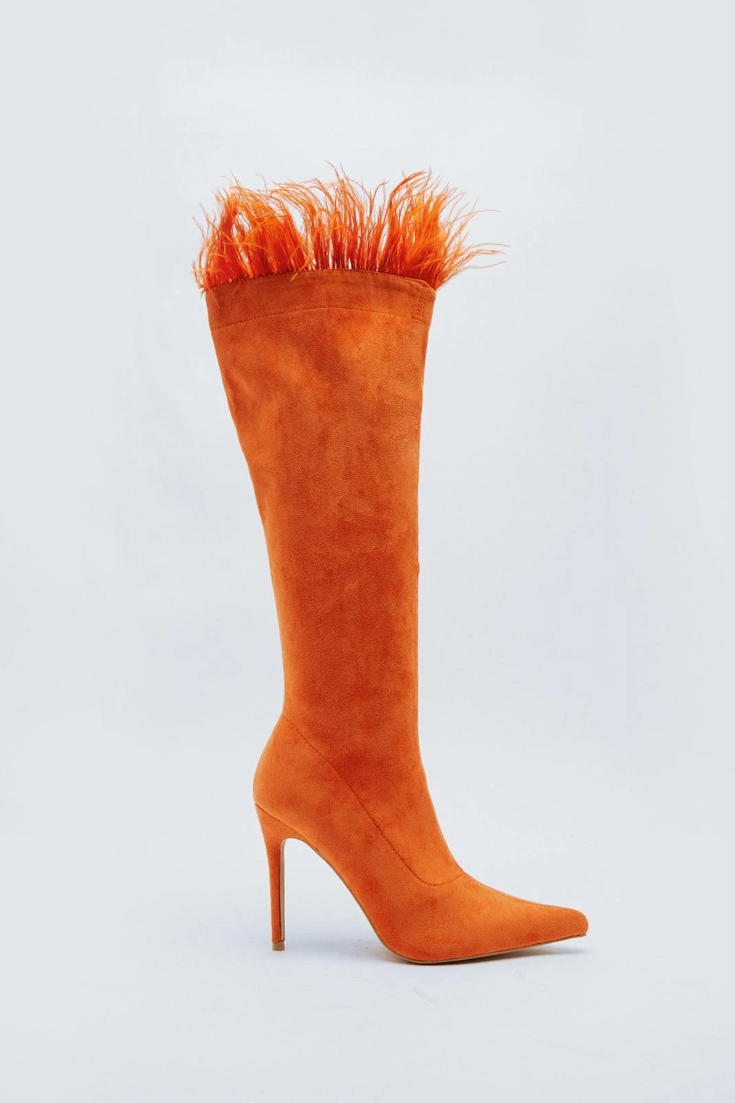 Faux Suede Feather Trim Knee High Boots - Image 2