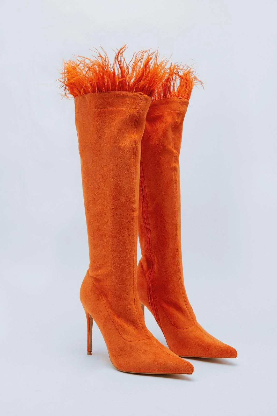 Faux Suede Feather Trim Knee High Boots - Image 3