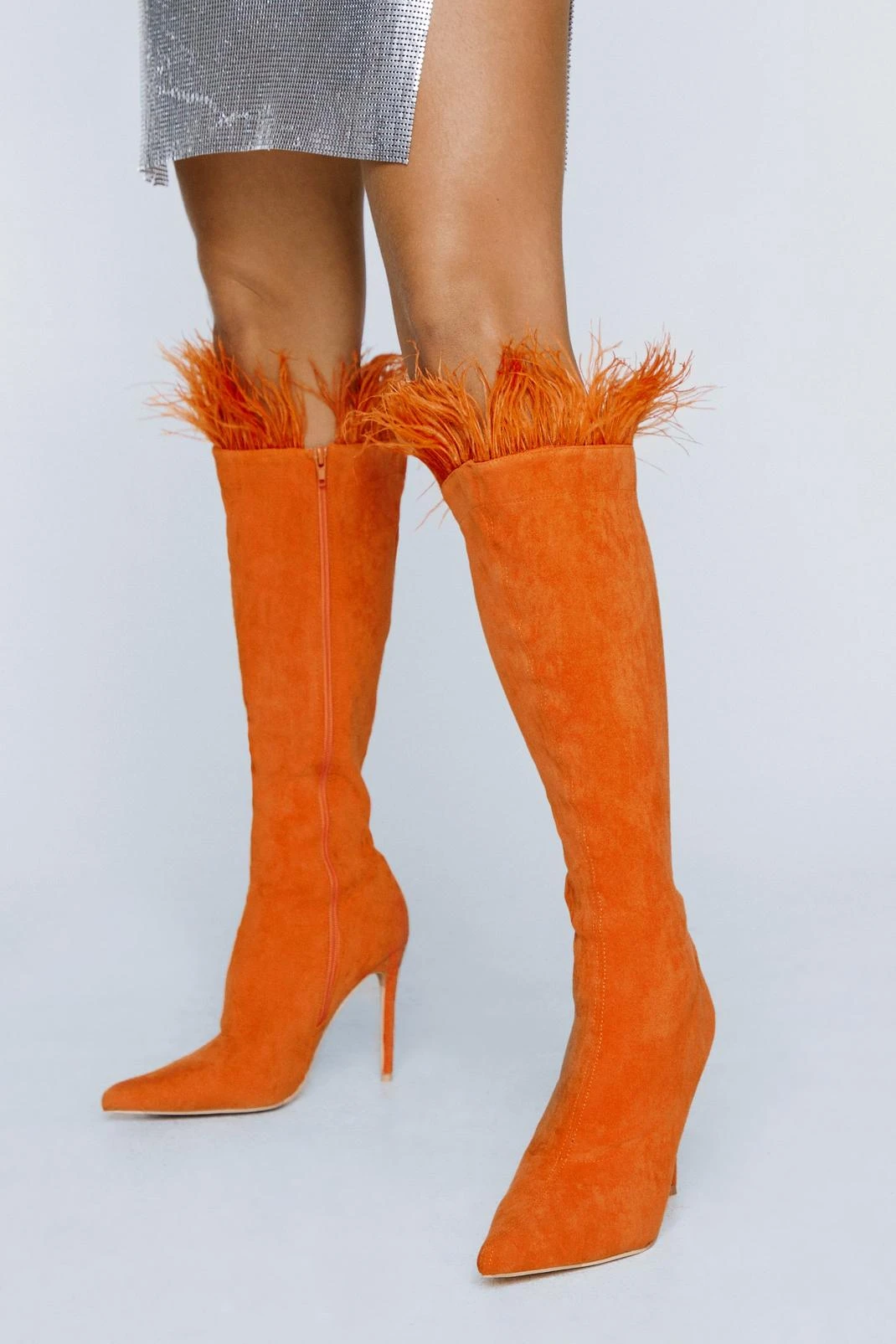 Faux Suede Feather Trim Knee High Boots