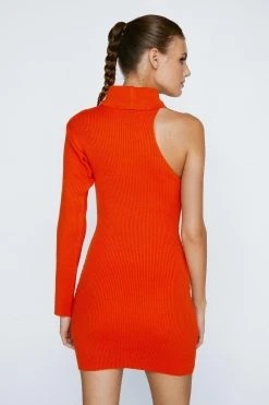Knitted High Neck One Sleeve Mini Dress 7 Knitted High Neck One Sleeve Mini Dress -Nasty Gal Sales Store womens orange knitted high neck one sleeve mini dress 2