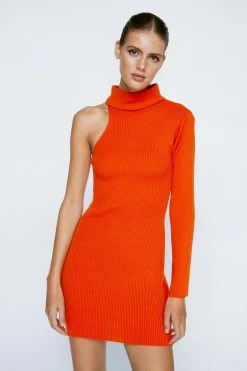 Knitted High Neck One Sleeve Mini Dress 8 Knitted High Neck One Sleeve Mini Dress -Nasty Gal Sales Store womens orange knitted high neck one sleeve mini dress 3