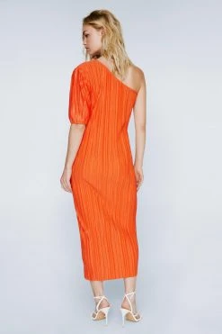 One Shoulder Plisse Midi Dress 7 One Shoulder Plisse Midi Dress -Nasty Gal Sales Store womens orange one shoulder plisse midi dress 1