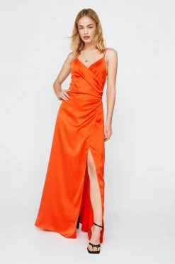 Satin V Neck Wrap Maxi Dress 33 Satin V Neck Wrap Maxi Dress -Nasty Gal Sales Store womens orange satin v neck slit maxi dress 3