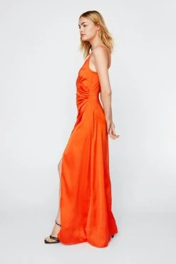 Satin V Neck Wrap Maxi Dress -Nasty Gal Sales Store womens orange satin v neck slit maxi dress 5