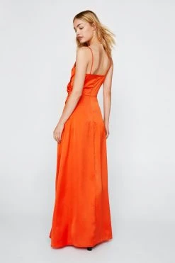Satin V Neck Wrap Maxi Dress -Nasty Gal Sales Store womens orange satin v neck slit maxi dress 6
