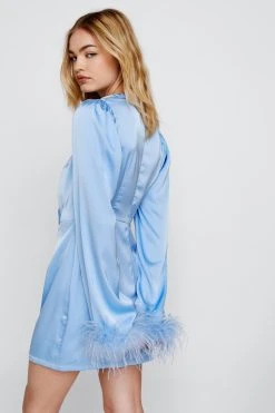 Feather Cuff Satin Tie Front Mini Dress 14 Feather Cuff Satin Tie Front Mini Dress -Nasty Gal Sales Store womens pale20blue feather cuff satin tie front mini dress 2