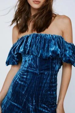 Structured Velvet Frill Bardot Jumpsuit