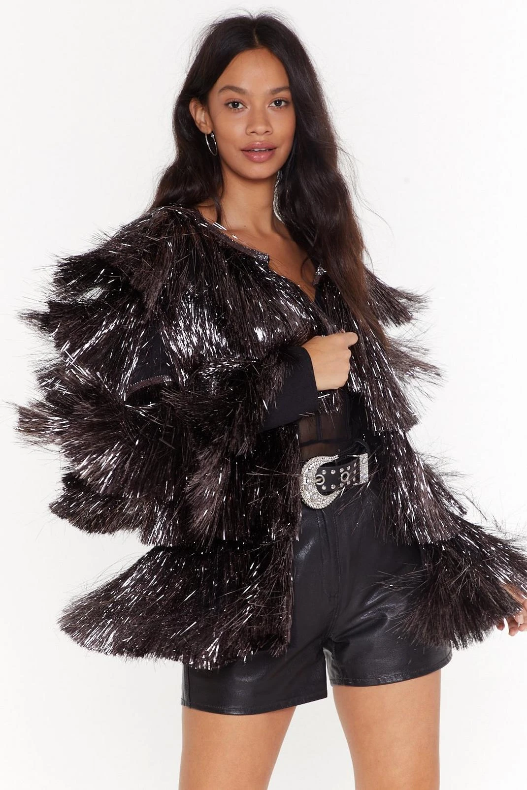 Metallic Tiered Tinsel Fringe Open Front Jacket 3 Metallic Tiered Tinsel Fringe Open Front Jacket
