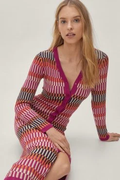 Contrast Stripe Button Knitted Maxi Dress -Nasty Gal Sales Store womens pink contrast stripe button knitted maxi dress 6