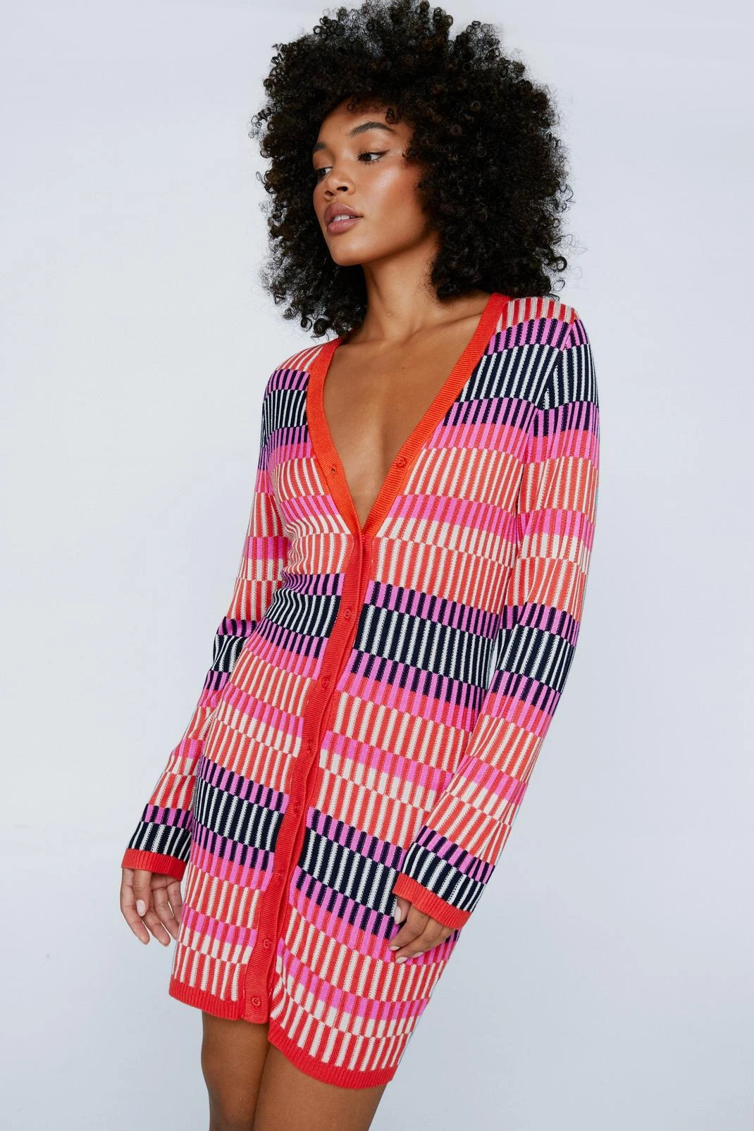 Contrast Stripe Button Up Knitted Mini Dress 3 Contrast Stripe Button Up Knitted Mini Dress