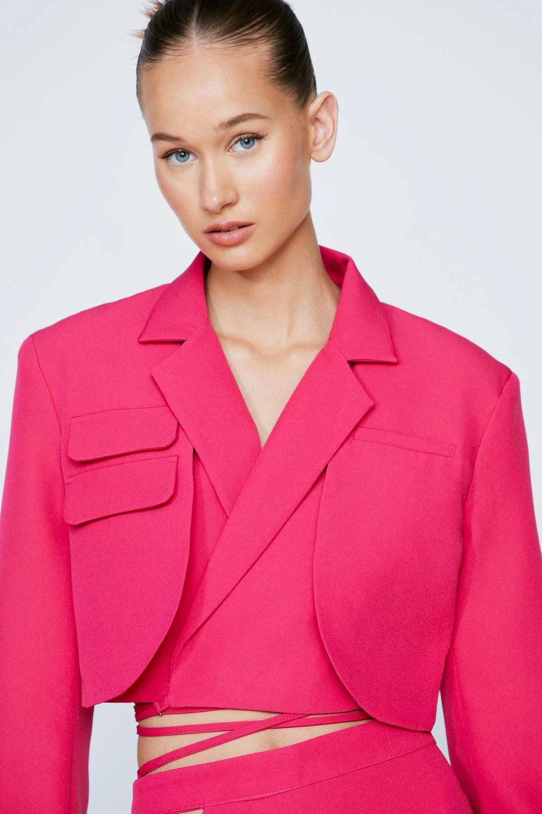 Cropped Tie Detail Flared Sleeve Blazer - Image 2