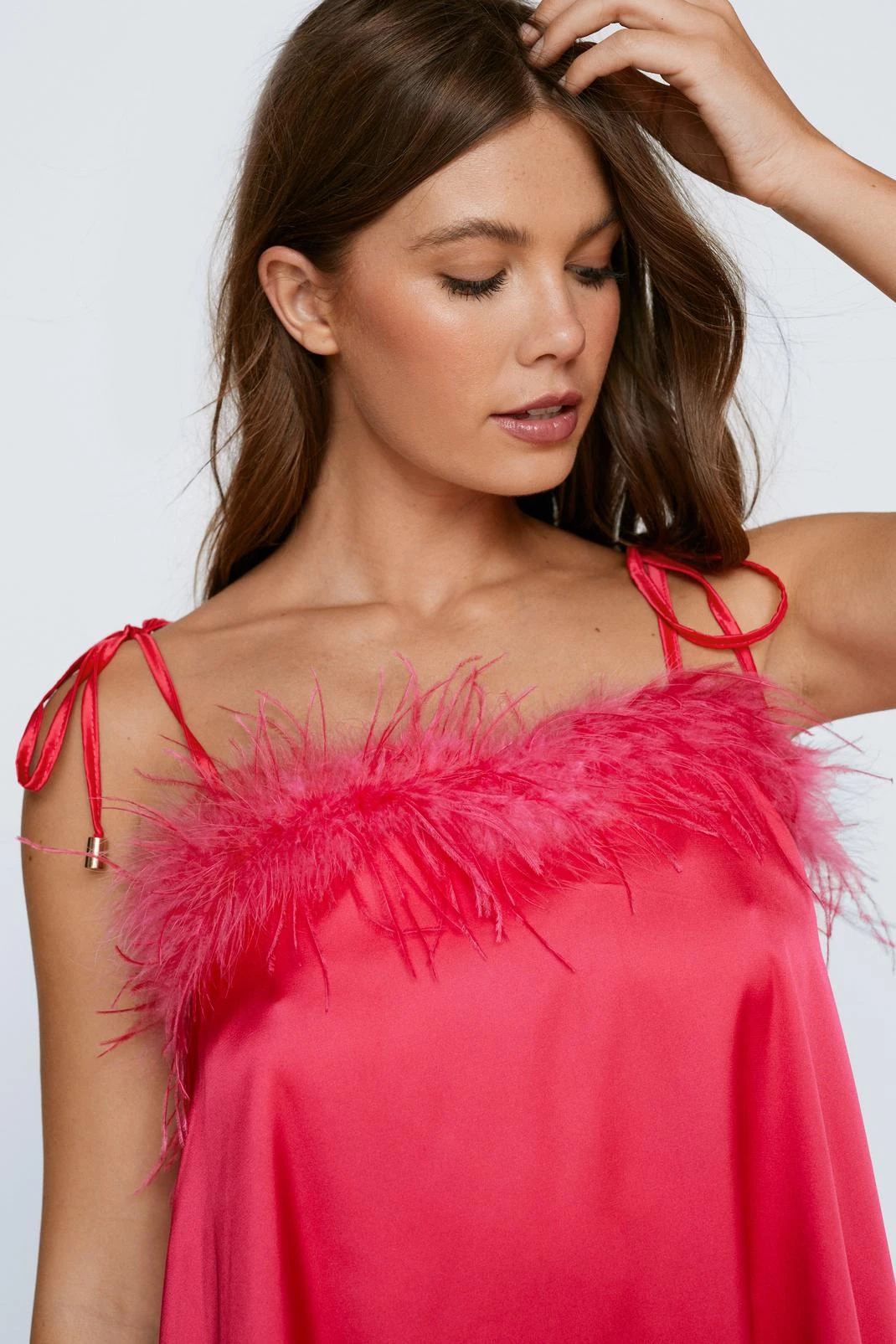 Feather Trim Satin Nighty Slip Dress