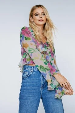 Floral Ruffle Chiffon Blouse 15 Floral Ruffle Chiffon Blouse -Nasty Gal Sales Store womens pink floral ruffle chiffon blouse 1 3