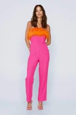 Petite Bandeau Feather Trim Jumpsuit 9 Petite Bandeau Feather Trim Jumpsuit -Nasty Gal Sales Store womens pink petite bandeau feather trim jumpsuit 3