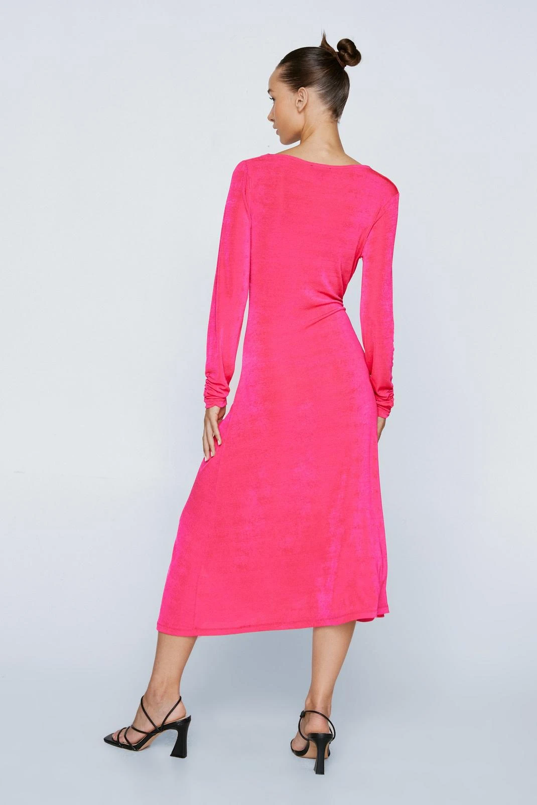 Petite Ruched Front Long Sleeve Midi Dress - Image 3