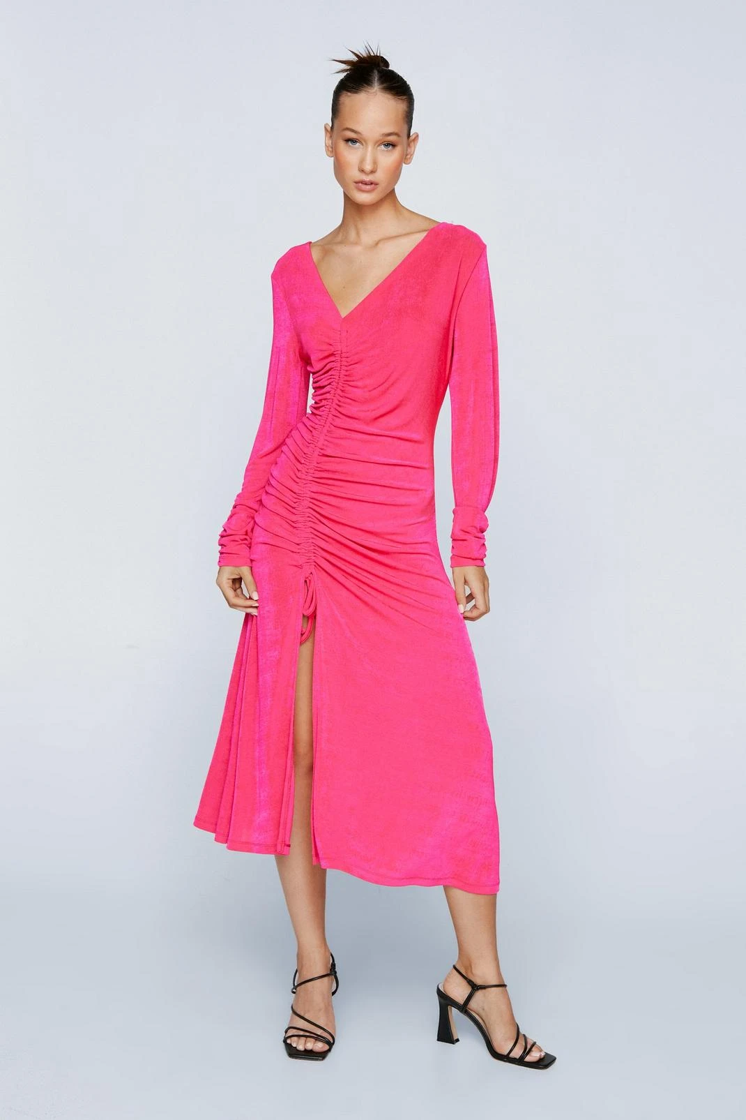 Petite Ruched Front Long Sleeve Midi Dress - Image 4