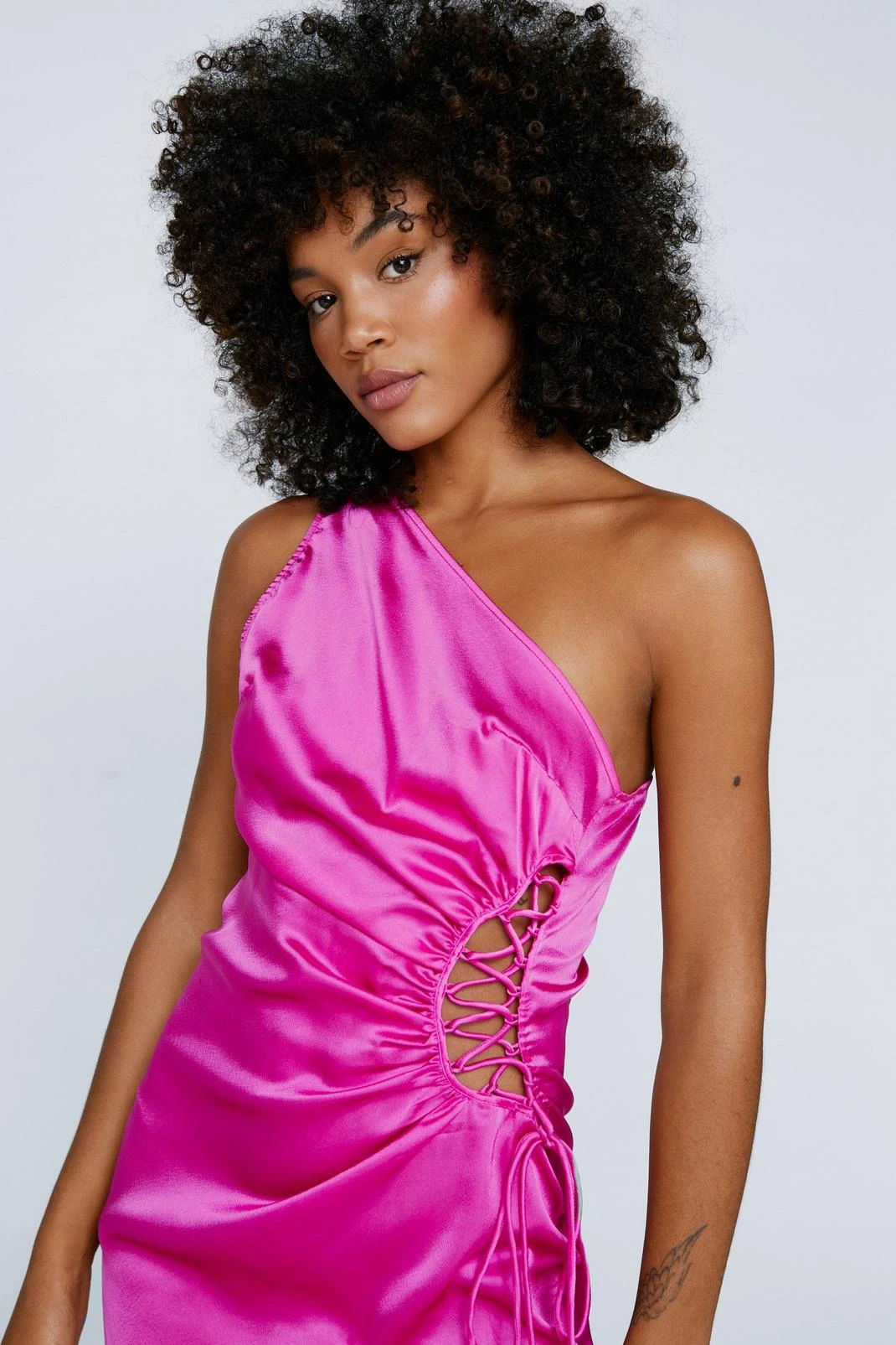 Satin Lace Up One Shoulder Mini Dress