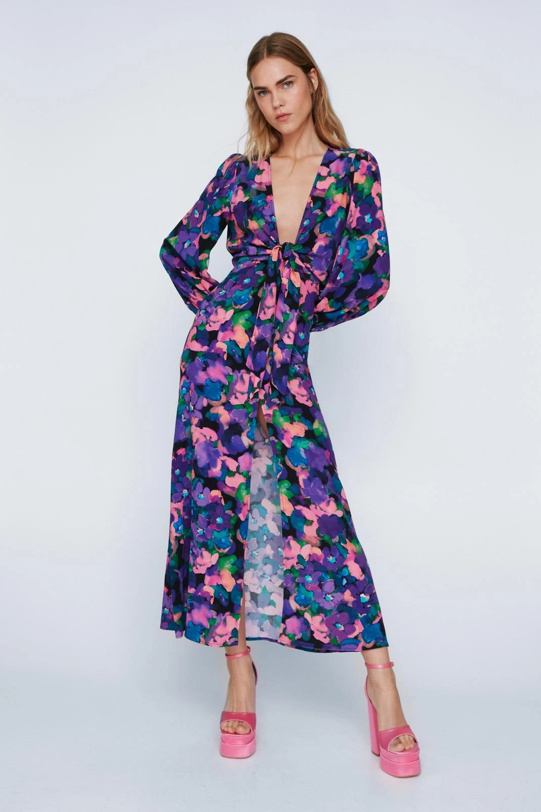 Bright Floral Print Knot Front Split Maxi Dress 6 Bright Floral Print Knot Front Split Maxi Dress - Image 4