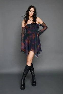 Printed Asymmetric Bardot Long Sleeve Dress