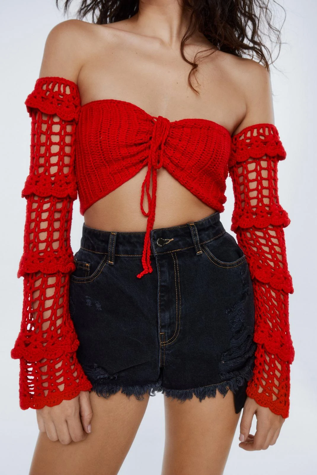 Crochet Off The Shoulder Lace Up Front Top - Image 5