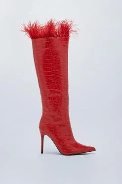 Alternative view of Faux Croc Feather Trim Knee High Boots