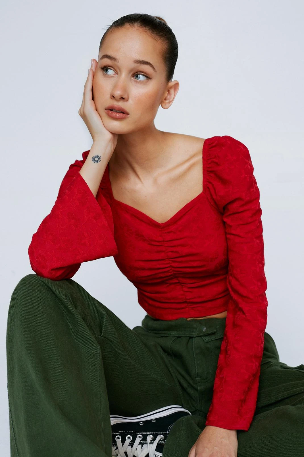 Petite Ruched Front Floral Textured Long Sleeve Top - Image 2