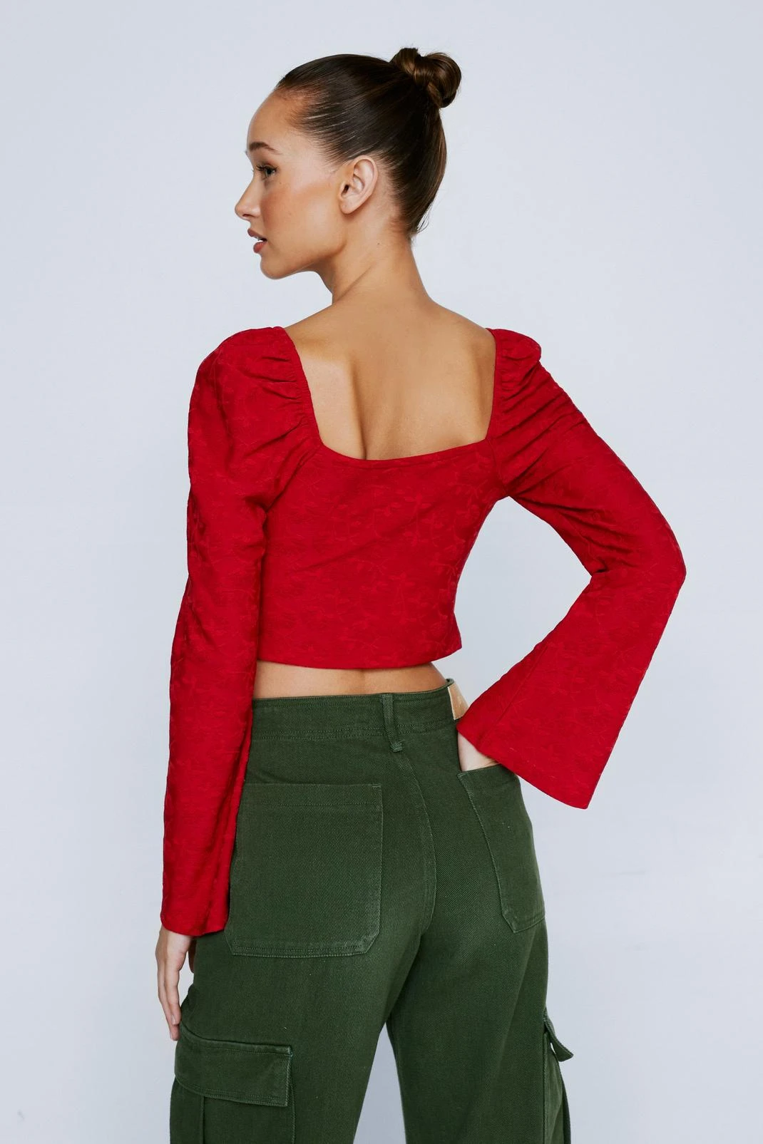 Petite Ruched Front Floral Textured Long Sleeve Top - Image 3