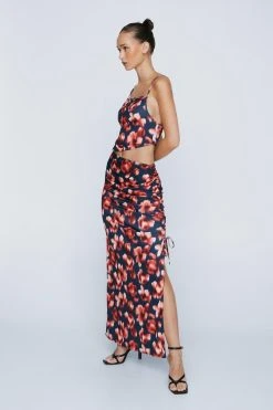 Petite Slinky Ruched Floral Print Maxi Dress