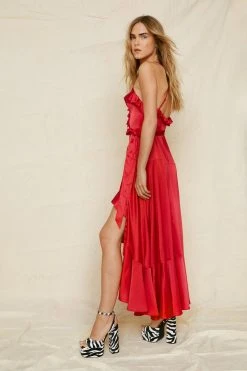 Satin Ruffle Wrap Maxi Dress