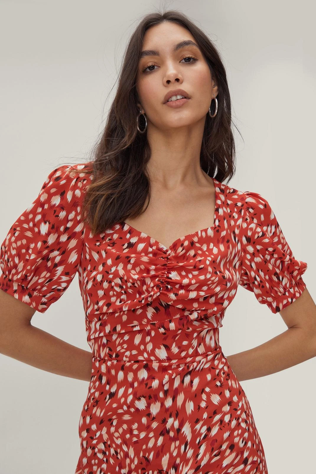 Sweetheart Neckline Animal Print Puff Sleeve Midi Dress - Image 5