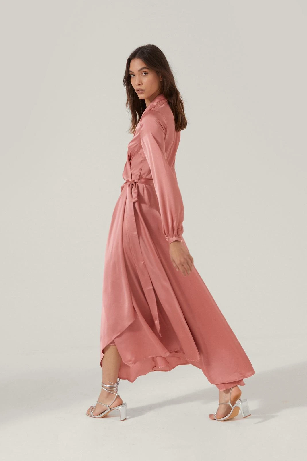 Satin V Neck Tie Maxi Dress - Image 2