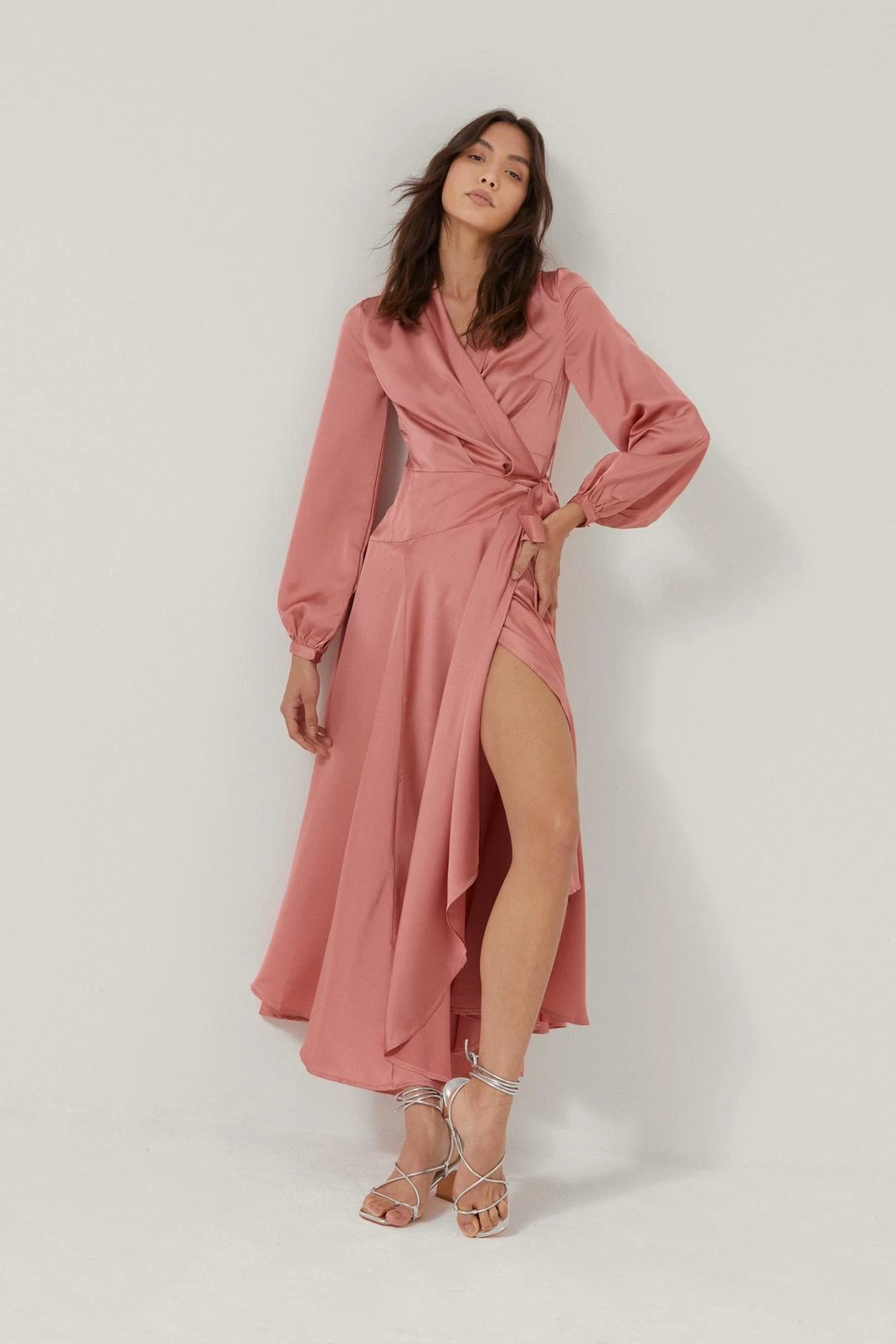 Satin V Neck Tie Maxi Dress - Image 3