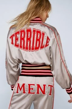 Slogan Back Cropped Satin Bomber Jacket 8 Slogan Back Cropped Satin Bomber Jacket -Nasty Gal Sales Store womens silver slogan back cropped satin bomber jacket 2