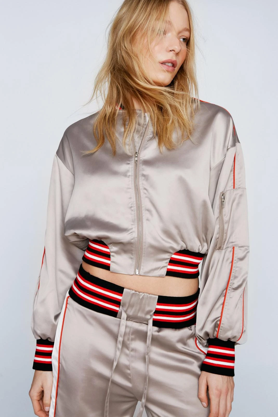 Slogan Back Cropped Satin Bomber Jacket 3 Slogan Back Cropped Satin Bomber Jacket