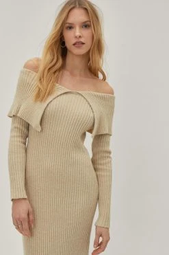 Bardot Fold Over Ribbed Knitted Midi Dress