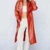 Belted Faux Leather Trench Coat