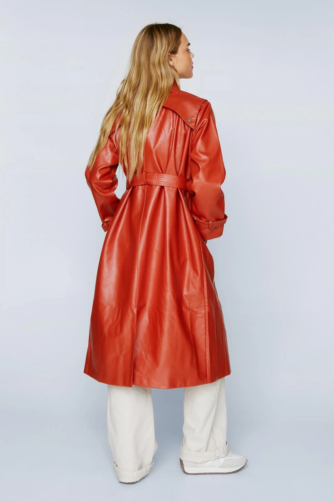 Belted Faux Leather Trench Coat - Image 3