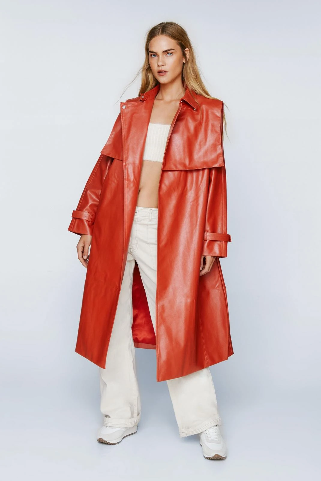 Belted Faux Leather Trench Coat - Image 10