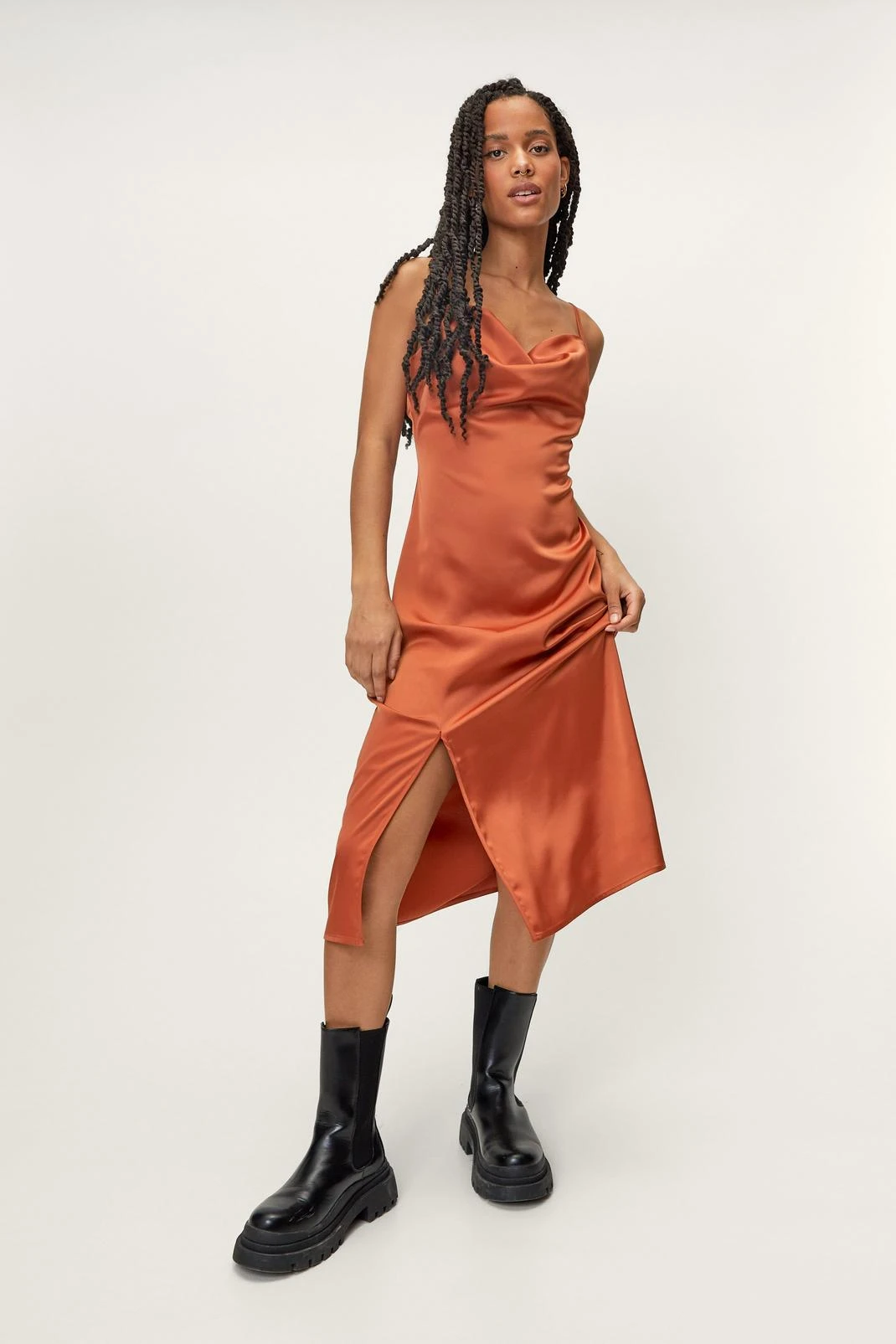 Petite Satin Bias Cowl Midi Dress - Image 4