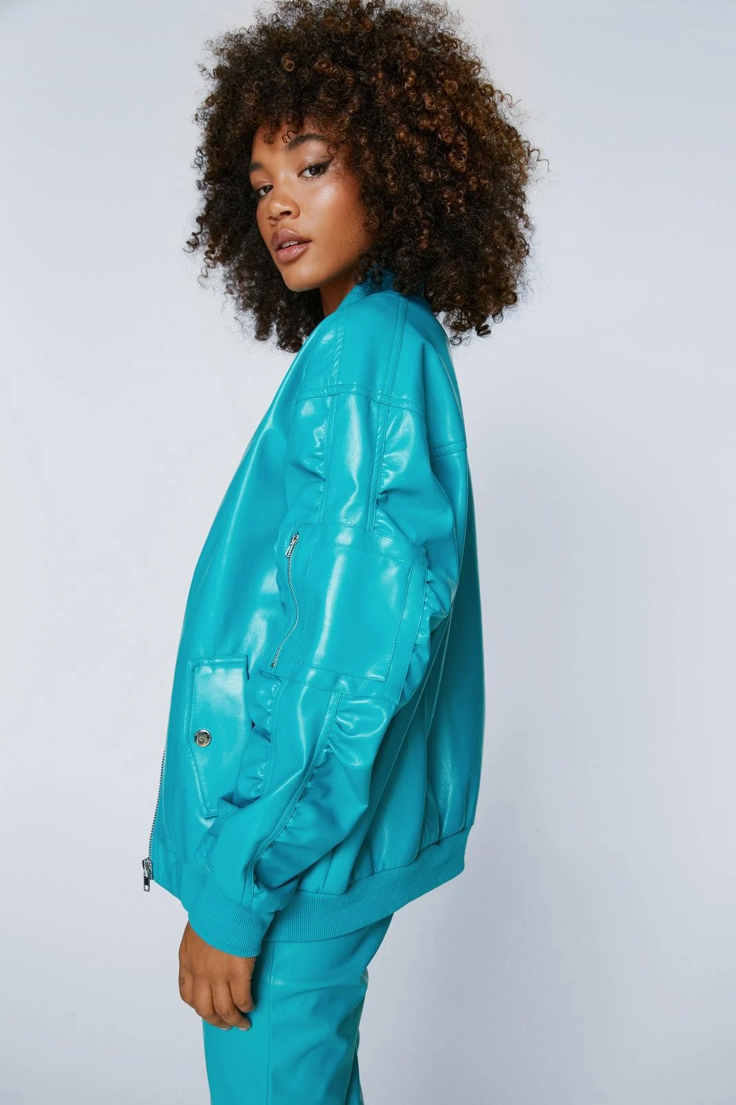 Faux Leather Ruched Sleeve Bomber Jacket 4 Faux Leather Ruched Sleeve Bomber Jacket - Image 2